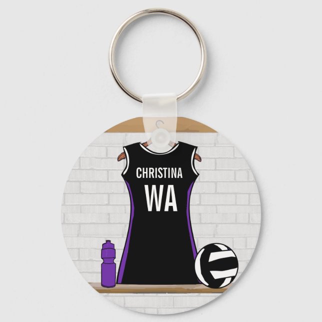 Black and White personalised netball Key Ring (Front)