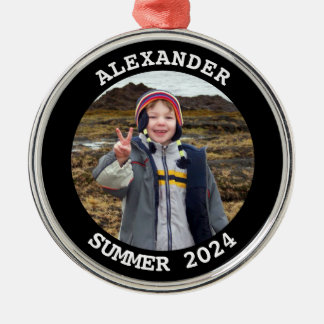 Black and White Personalised Round Family Photo Metal Tree Decoration