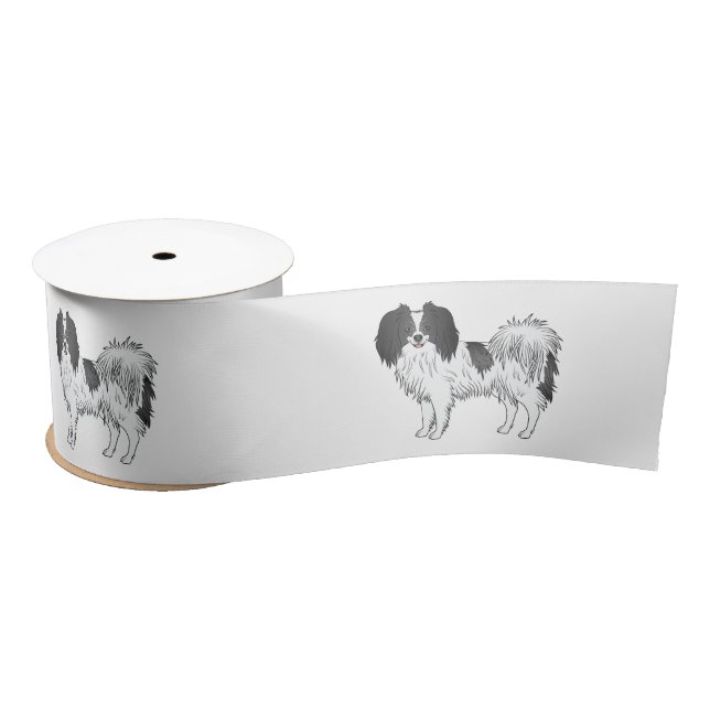 Black And White Phalène Cartoon Dog Illustrations Satin Ribbon (Spool)