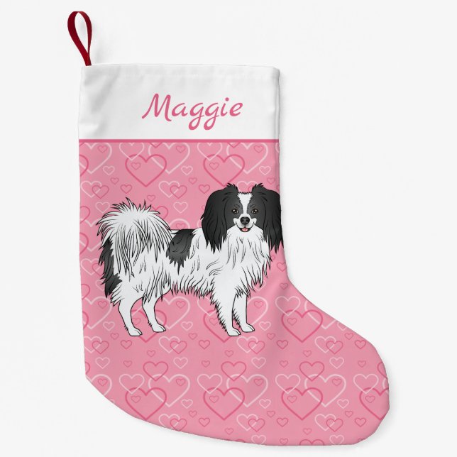 Black And White Phalène Cartoon Dog On Pink Hearts Small Christmas Stocking (Front)
