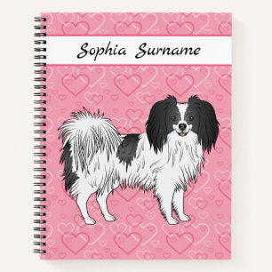 Black And White Phalène Cute Dog On Pink Hearts Notebook