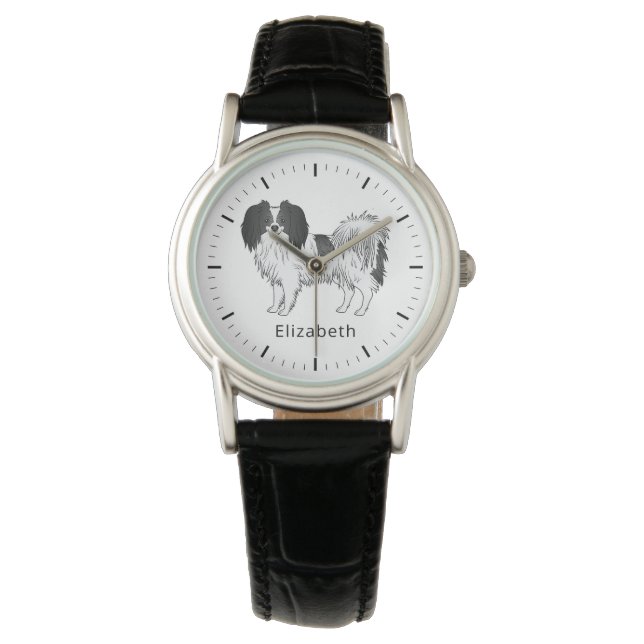 Black And White Phalène Dog With Any Name Or Text Watch (Front)