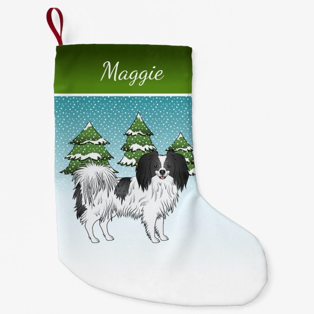 Black And White Phalène Happy Dog Winter Forest Small Christmas Stocking (Front)