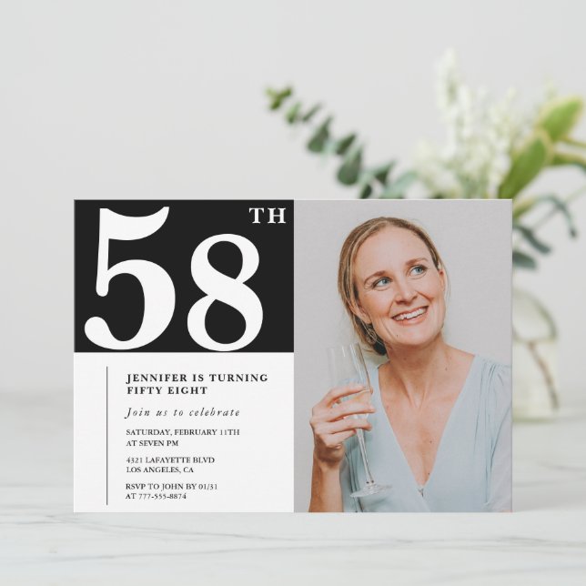 Black and White Photo 58th birthday Invitations  (Standing Front)