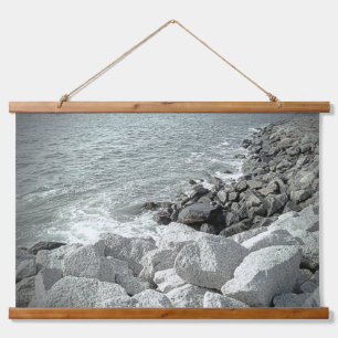 Black and White Photo a Rocky Ocean Shore Hanging Tapestry