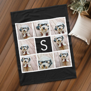 Black and White Photo Collage Custom Monogram Fleece Blanket