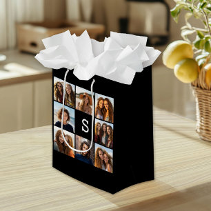 Black and White Photo Collage Custom Monogram Medium Gift Bag
