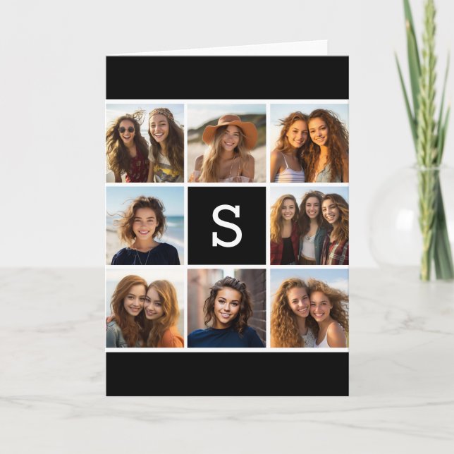 Black and White Photo Collage Custom Monogram Note Card (Front)