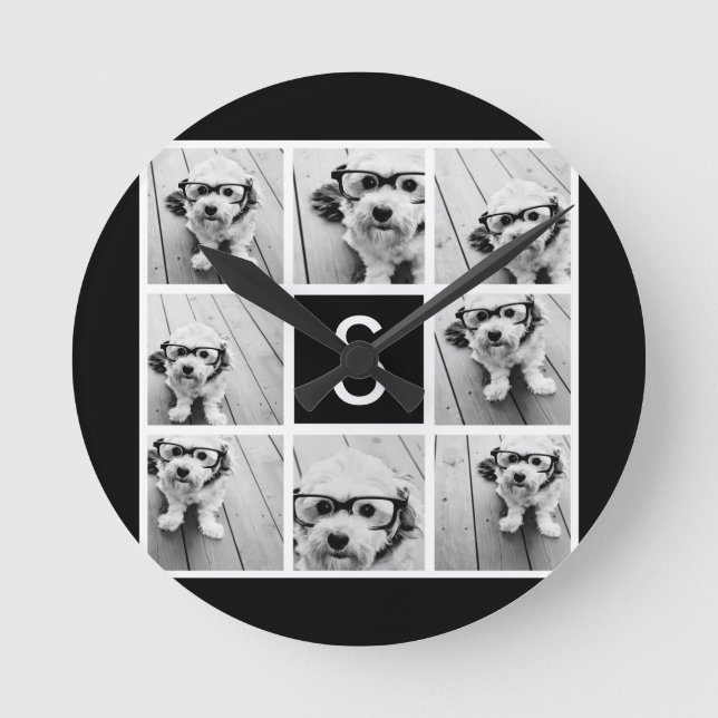 Black and White Photo Collage Custom Monogram Round Clock (Front)