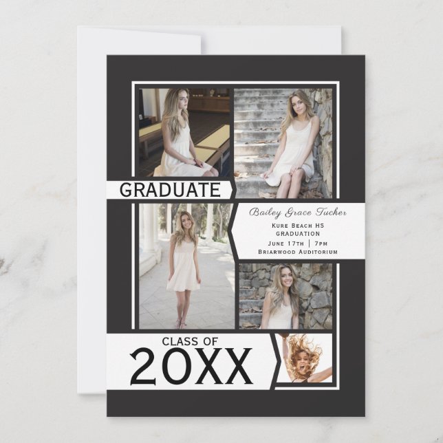 Black and White Photo Collage Graduation Announcement (Front)