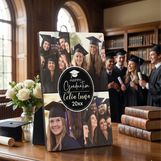 Black and white Photo Collage Happy Graduation Plaque (Graduation Photo Collage Elegant Class of 2026 Design Plaque)
