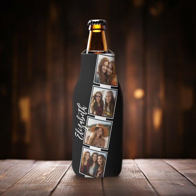 Black and White Photo Collage Squares Personalised Bottle Cooler (Add 4 photos to this personalized bottle cooler.)