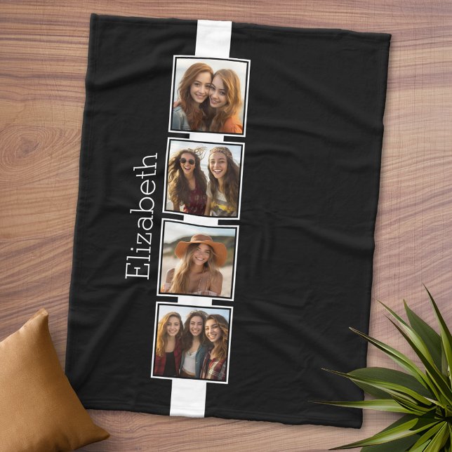 Black and White Photo Collage Squares Personalised Fleece Blanket (Personalized Fleece Blanket - Add Photos and Text)