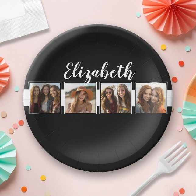 Black and White Photo Collage Squares Personalised Paper Plate (Custom Paper Plate for a Party)