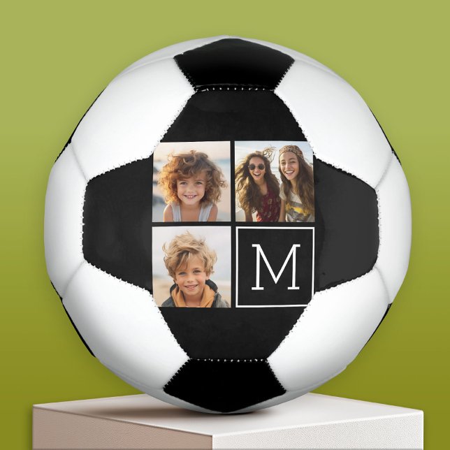 Black and White Photo Collage with Monogram Football (Custom Soccer Ball)