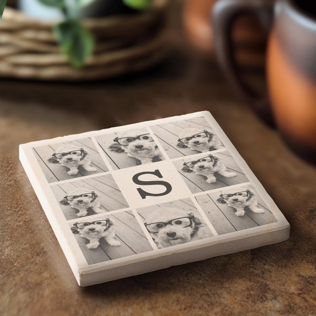 Black and White Photo Collage with Monogram Stone Coaster (Custom Stone Coaster)
