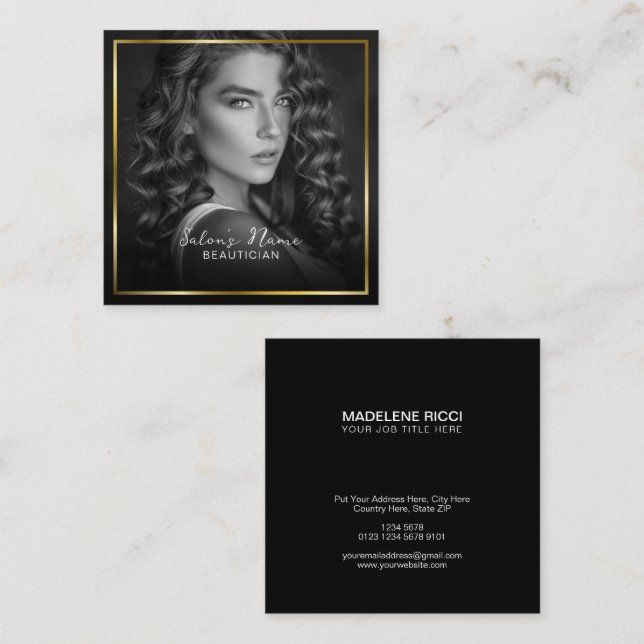 Black and White Photo | Elegant Gold Frame Square Business Card (Front/Back)