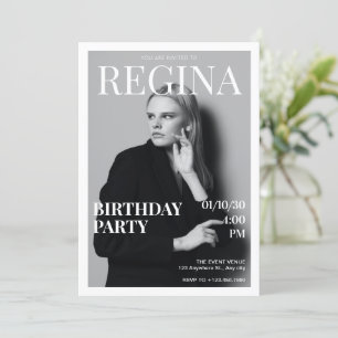 Black and white photo elegant magazine birthday invitation