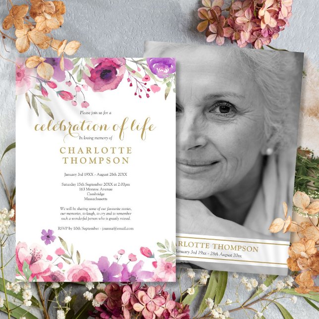 Black And White Photo Floral Celebration of Life Invitation (Black And White Photo Floral Celebration of Life Invitation)