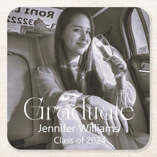 black and white photo graduation 2025  square paper coaster (Front)
