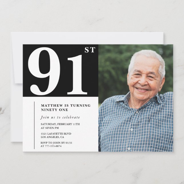Black and White Photo Men 91st birthday Invitation (Front)