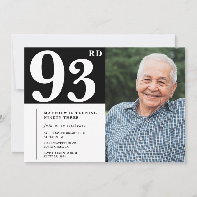 Black and White Photo Men 93rd birthday Invitation (Front)