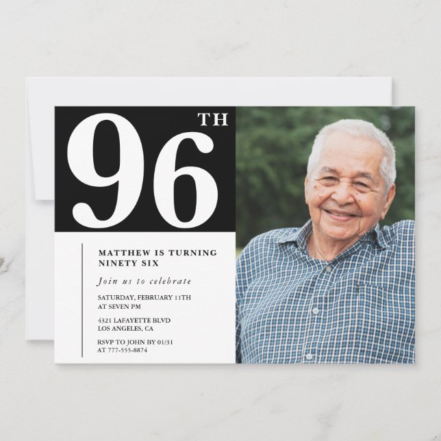 Black and White Photo Men 96th birthday Invitation (Front)
