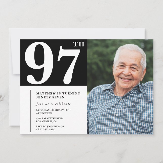 Black and White Photo Men 97th birthday Invitation (Front)