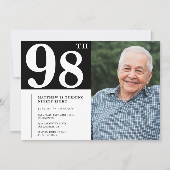 Black and White Photo Men 98th birthday Invitation (Front)