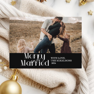 Black and White Photo Minimalist Merry and Married Holiday Card