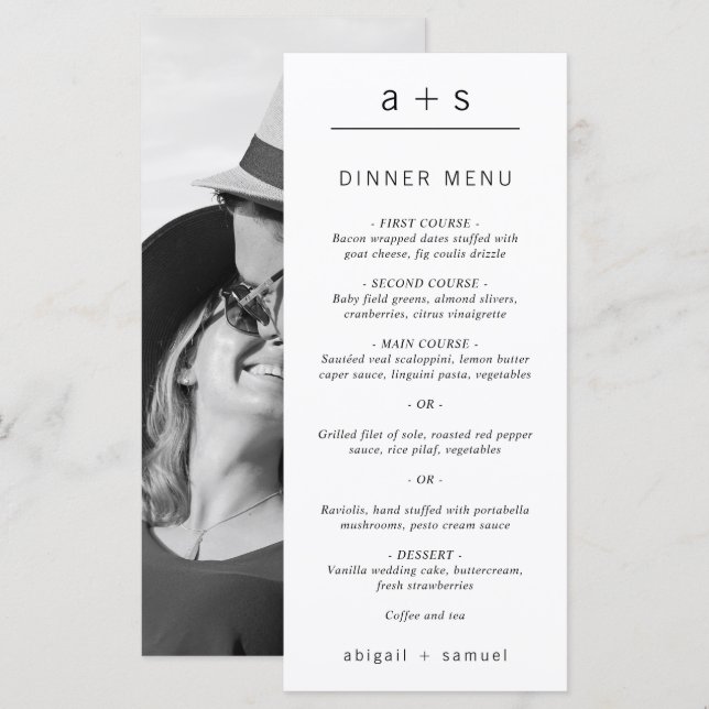 Black and White Photo Minimalist Monogram Wedding Menu (Front/Back)