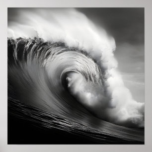 Black and white photo of a breaking ocean wave poster