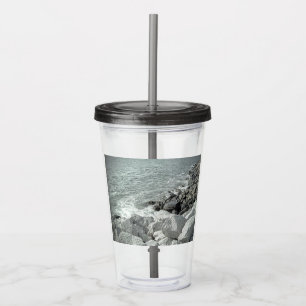 Black and White Photo of a Rocky Ocean Shore Acrylic Tumbler