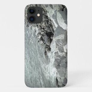 Black and White Photo of a Rocky Ocean Shore iPhone 11 Case