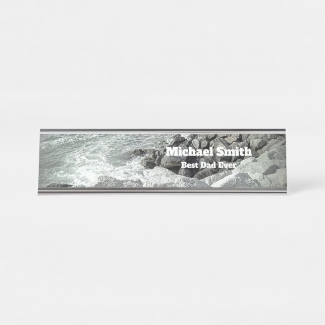 Black and White Photo of a Rocky Ocean Shore Desk Name Plate (Front)
