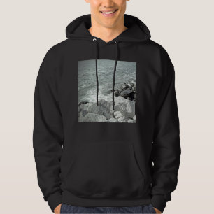 Black and White Photo of a Rocky Ocean Shore Hoodie