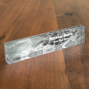 Black and White Photo of a Rocky Ocean Shore Nameplate