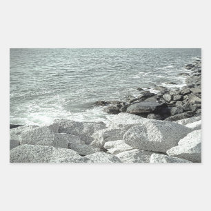 Black and White Photo of a Rocky Ocean Shore Rectangular Sticker
