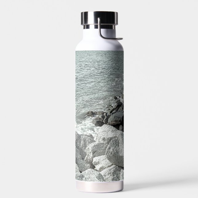 Black and White Photo of a Rocky Ocean Shore Water Bottle (Left)