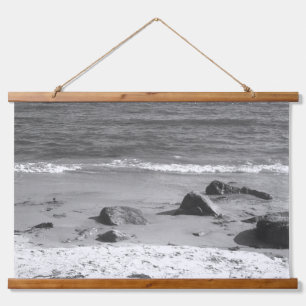 Black and White Photo of a Sandy Ocean Shore Hanging Tapestry