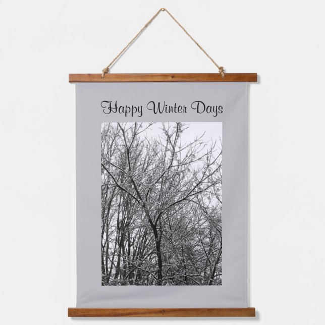 Black and White Photo of a Snowy Winter Day Grey Hanging Tapestry (Front)