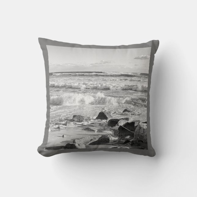 Black and White Photo of Atlantic Ocean Waves Cushion (Front)