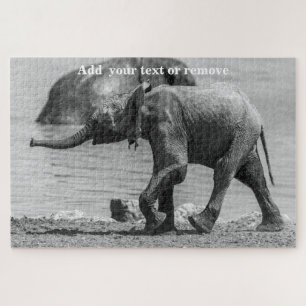 Black and white photo of baby elephant in a lake, jigsaw puzzle