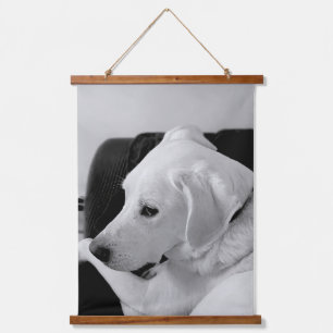 Black and White Photo of Beautiful White Dog Hanging Tapestry