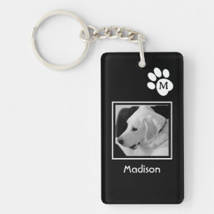 Black and White Photo of Cute Dog and Paw Initial Key Ring