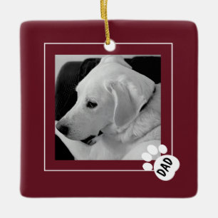 Black and White Photo of Cute Dog Dad Paw Maroon Ceramic Ornament