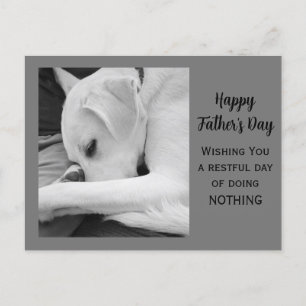 Black and White Photo of Cute Dog Resting with Dad Holiday Postcard