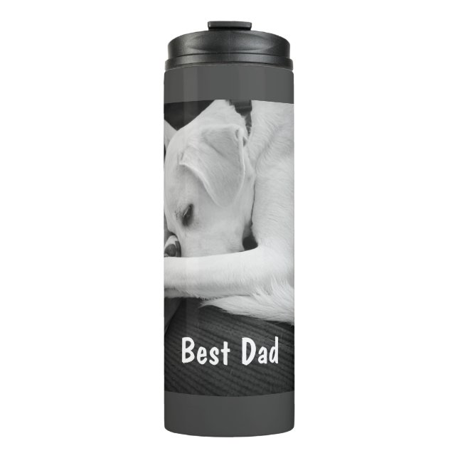 Black and White Photo of Cute Dog Resting with Dad Thermal Tumbler (Front)