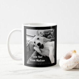 Black and White Photo of Dog Playing with Dad Coffee Mug