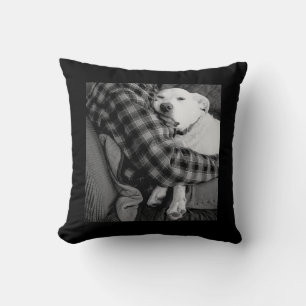 Black and White Photo of Dog Snuggling with Dad Cushion